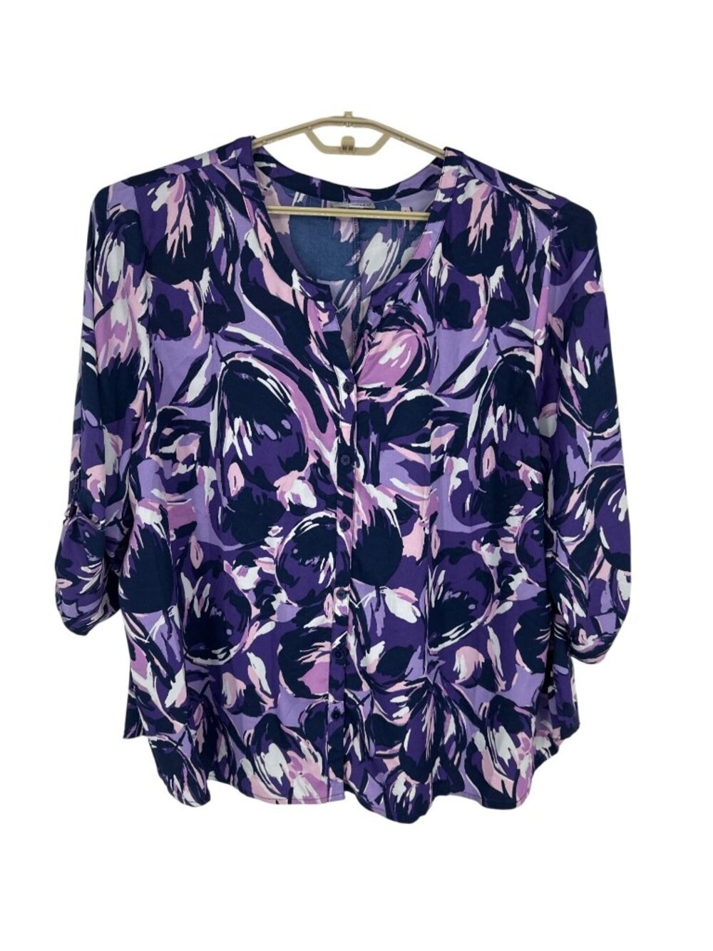 Catherines Women's Purple Floral Button-Up 3/4 Sleeves Blouse Size 3X